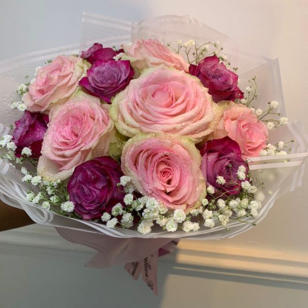 12 Mixed Roses Bouquet (Purple & Blush Pink)
