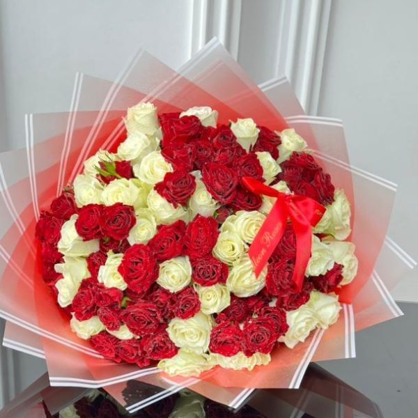 50 Red & White Rose Bouquet